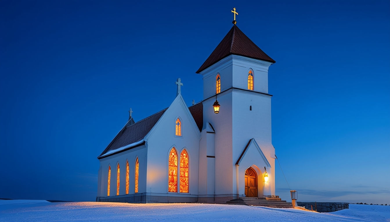 Tranquil White Church Against Deep Blue Evening Sky Background
