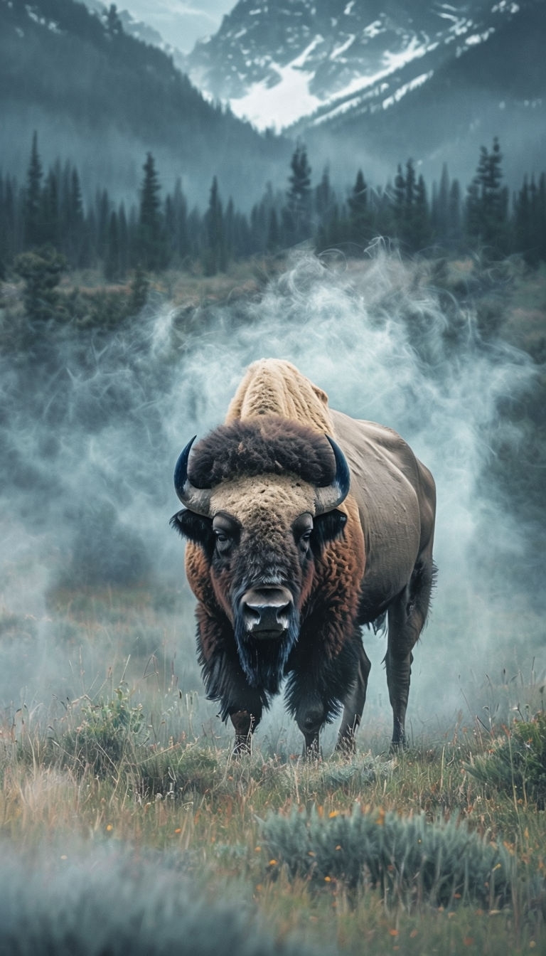 Majestic American Bison Amidst Misty Grassland Mobile Wallpaper