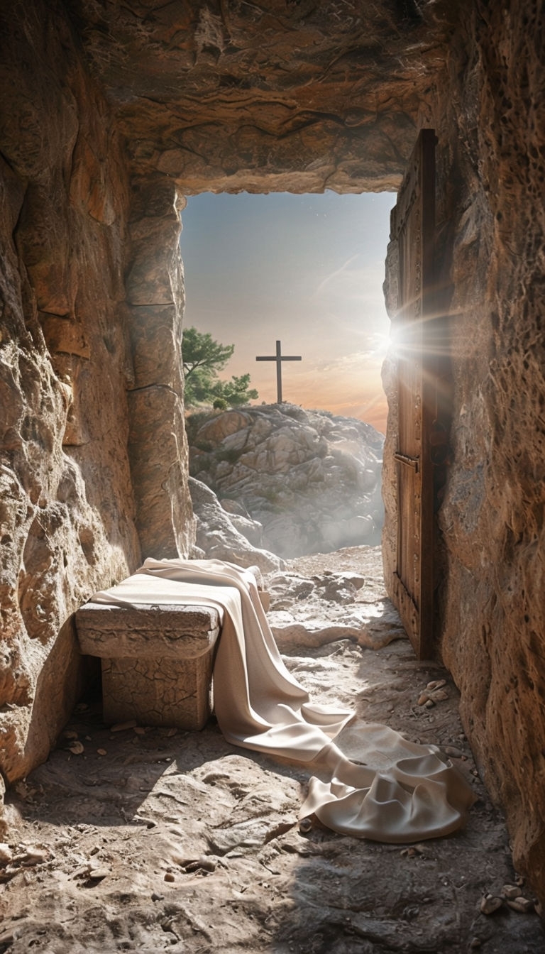 Dramatic Cave Tomb with Open Doorway and Wooden Cross Art
