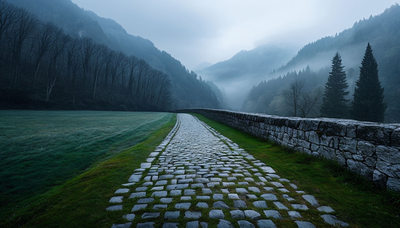 Serene Overcast Italian Landscape with Cobblestone Path Virtual Backgrounds