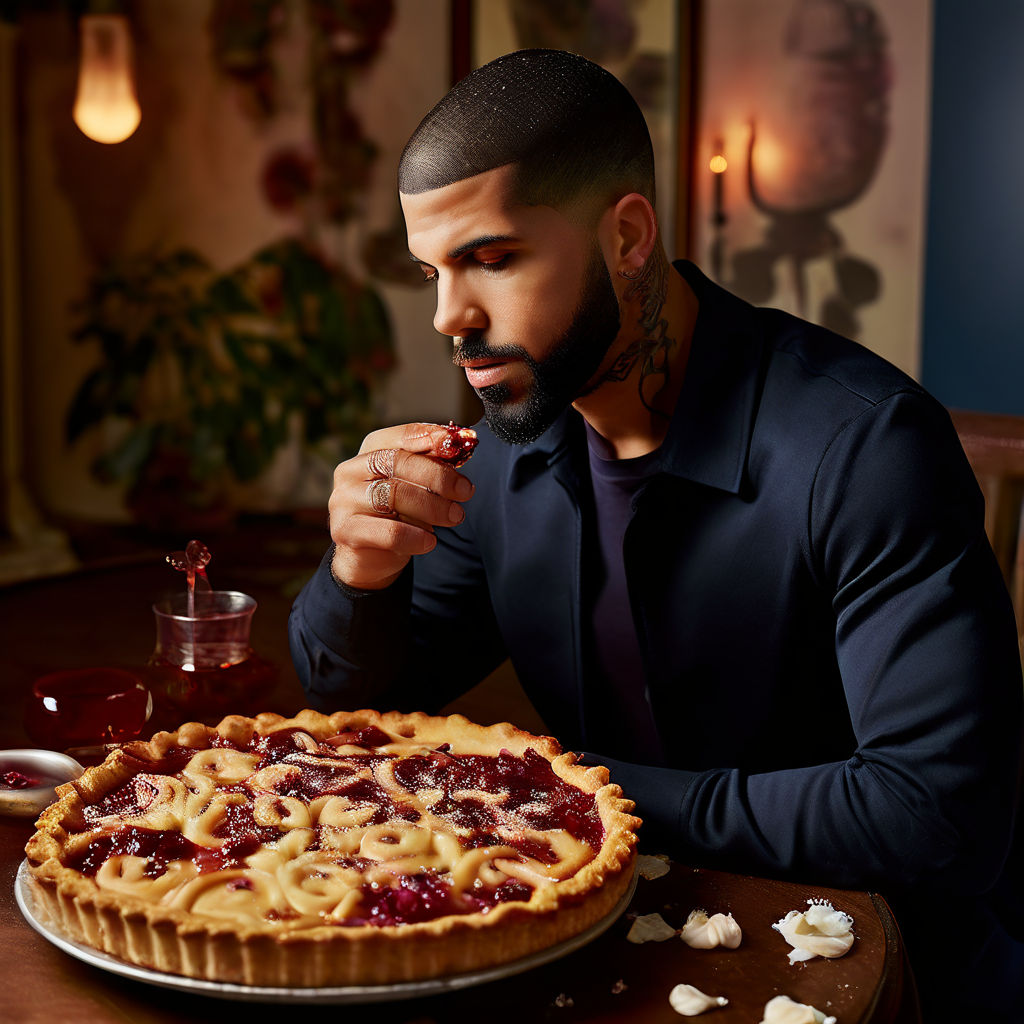 drake floating towards a pie with his butt in the air like a cartoon  character