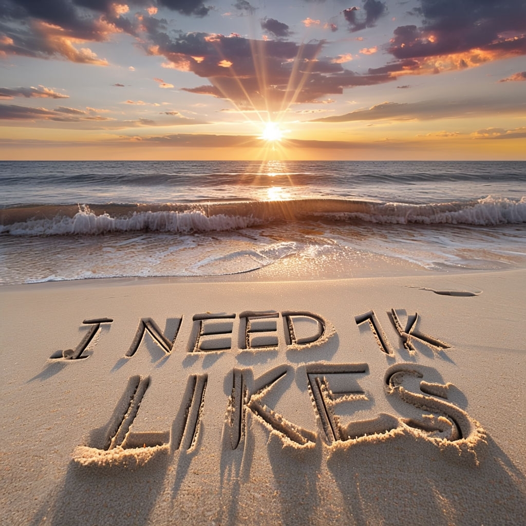 Tranquil Beach Sunset with 'I Need 1K Likes' Message Social Media Post