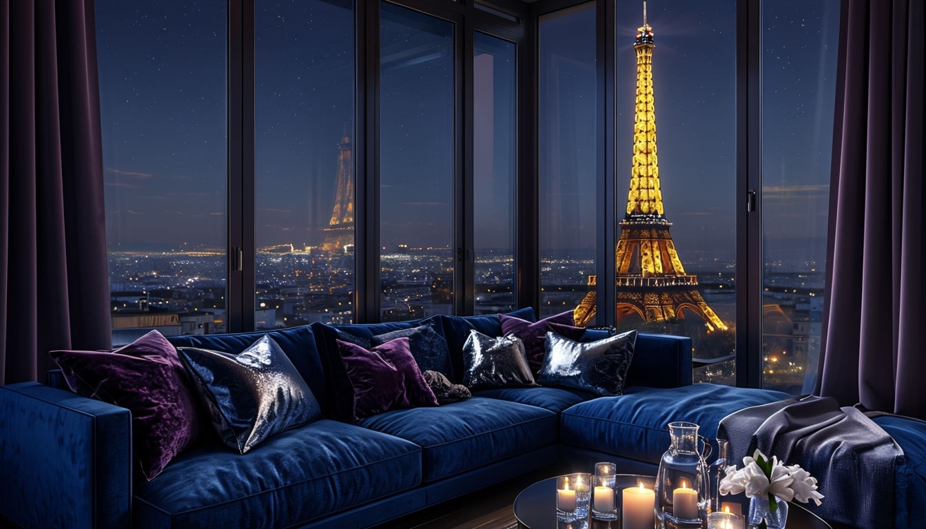 Luxurious Cozy Living Room with Eiffel Tower View Art