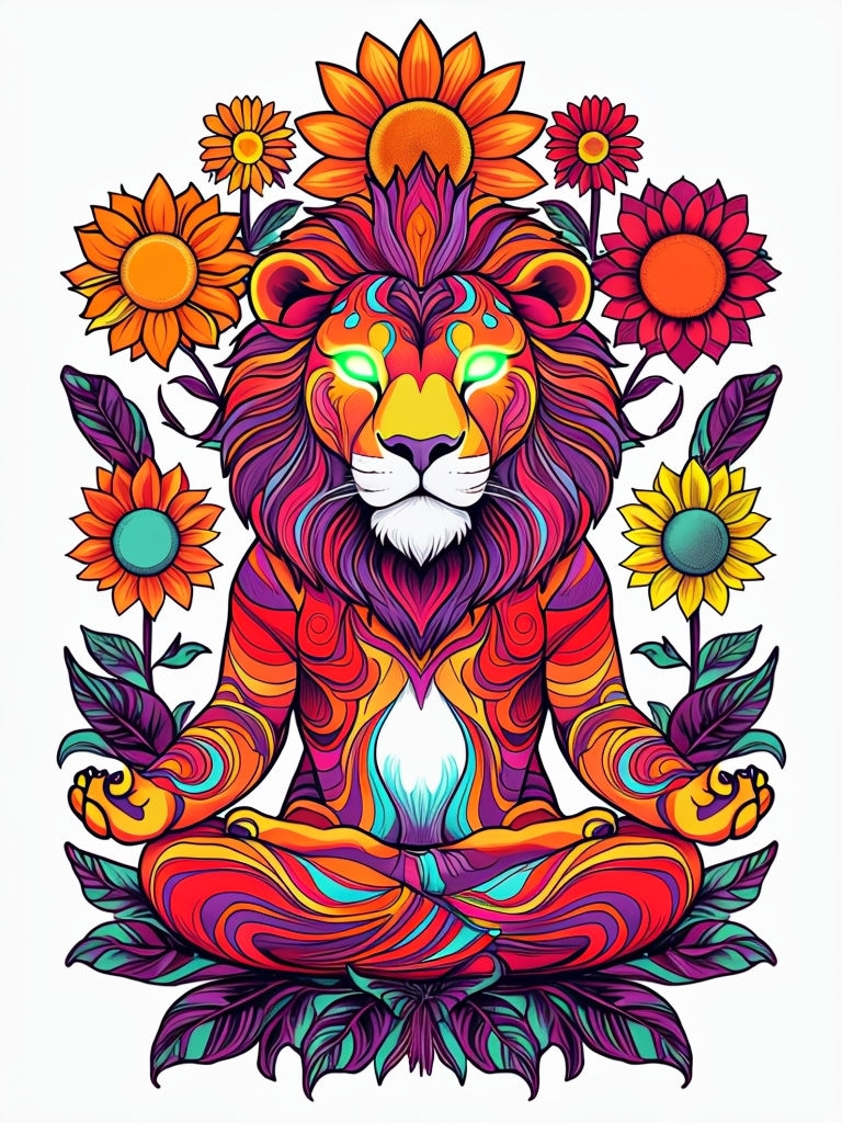 Psychedelic Lion Meditating with Colorful Sunflowers T-shirt