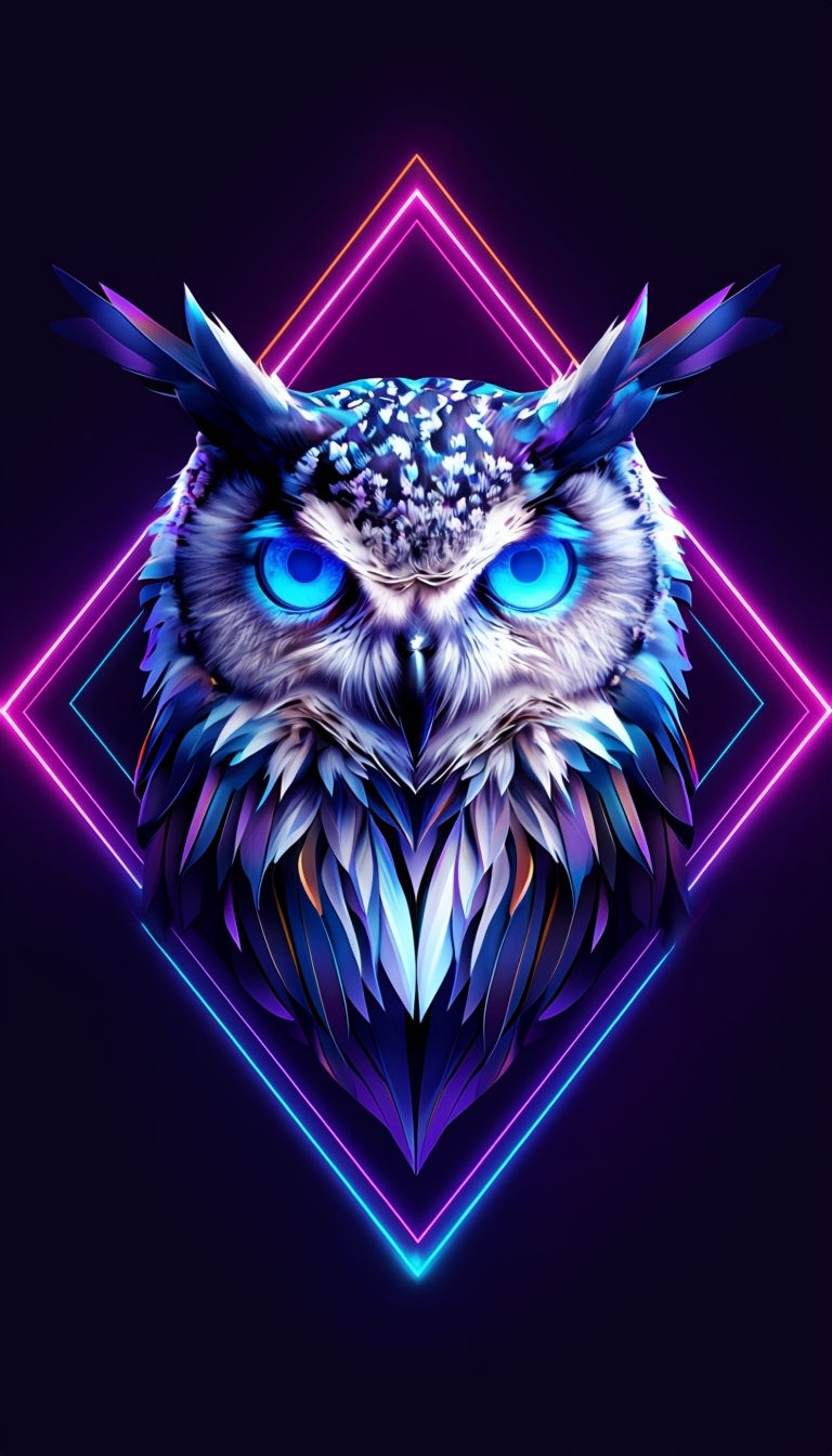 Glowing Electric Blue Owl with Neon Geometric Background Mobile Wallpaper