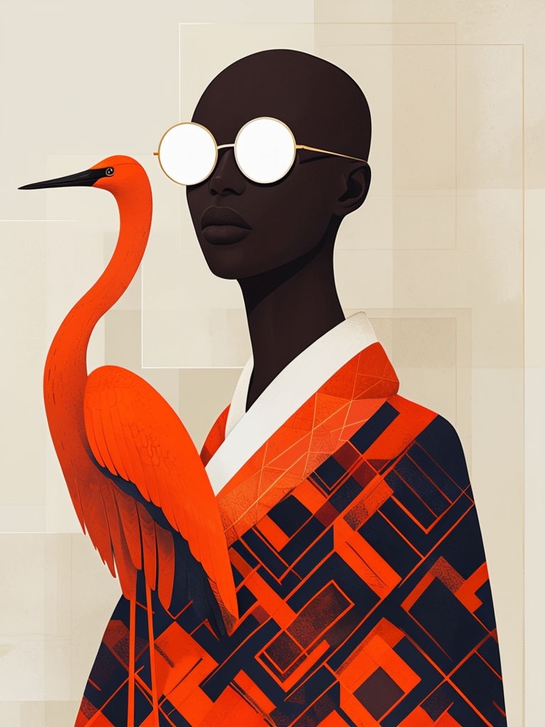 Elegant Minimalist Silhouette with Crane Bird Illustration Art