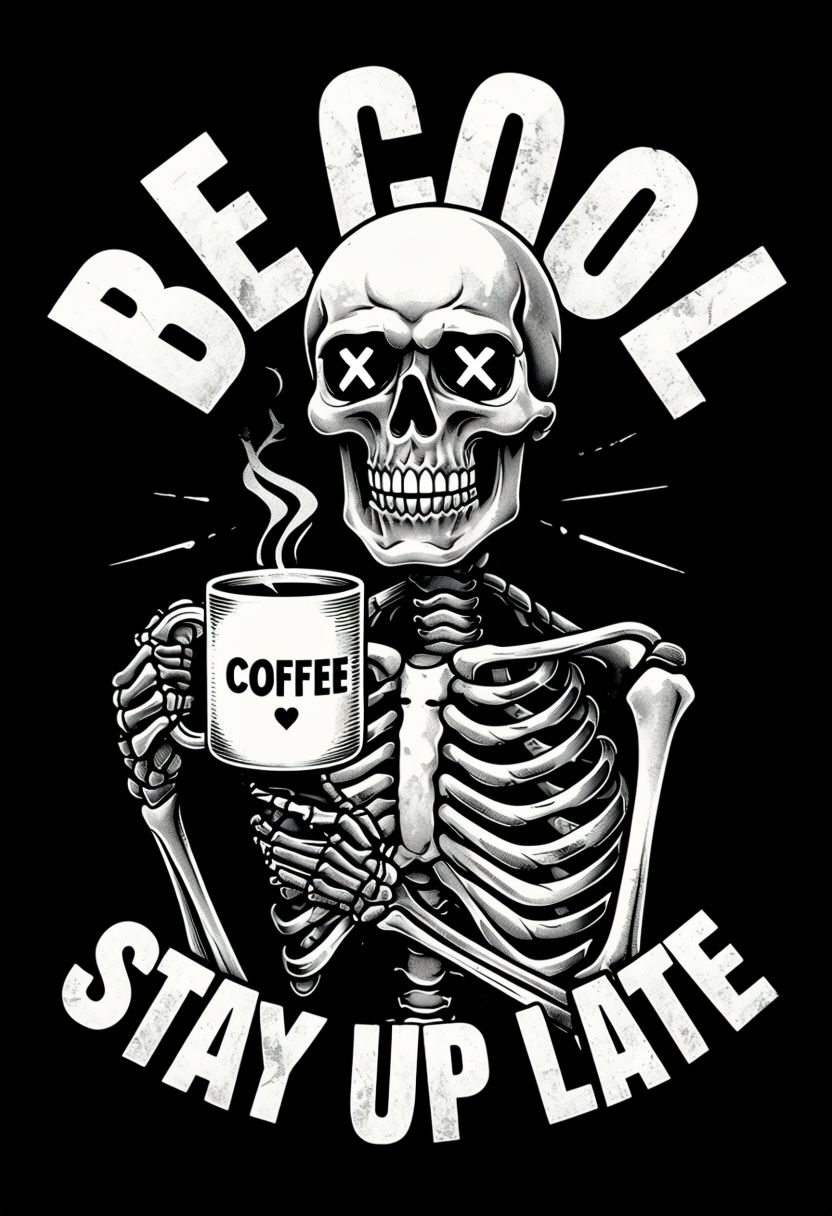 Eerie Skeleton with Coffee and Bold Text T-Shirt