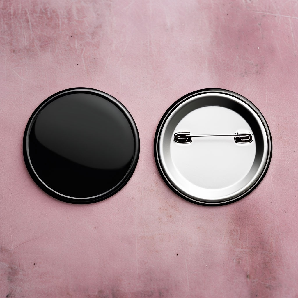 Glossy Black and White Circular Badge Mockup on Pink Table