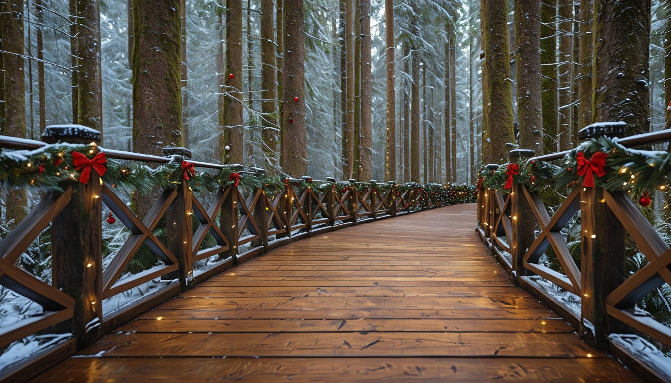 Festive Christmas Walkway in Enchanted Forest Virtual Background