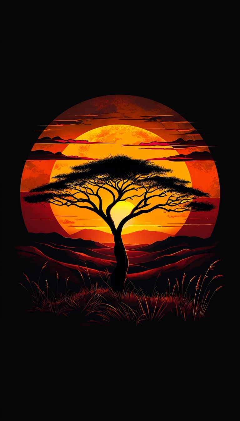 Vivid African Sunset Landscape with Acacia Tree Mobile Wallpaper