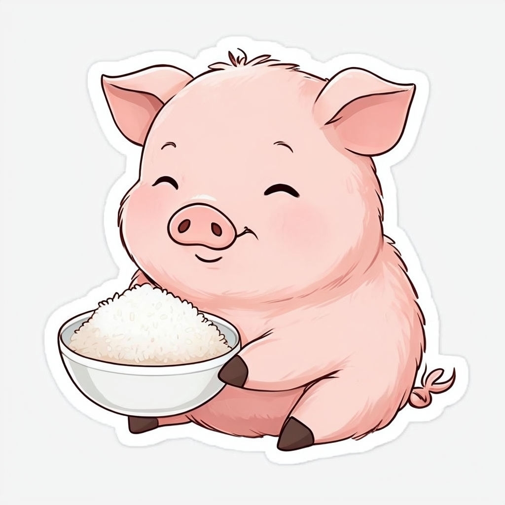 Adorable Pink Pig Enjoying Rice Cartoon Sticker