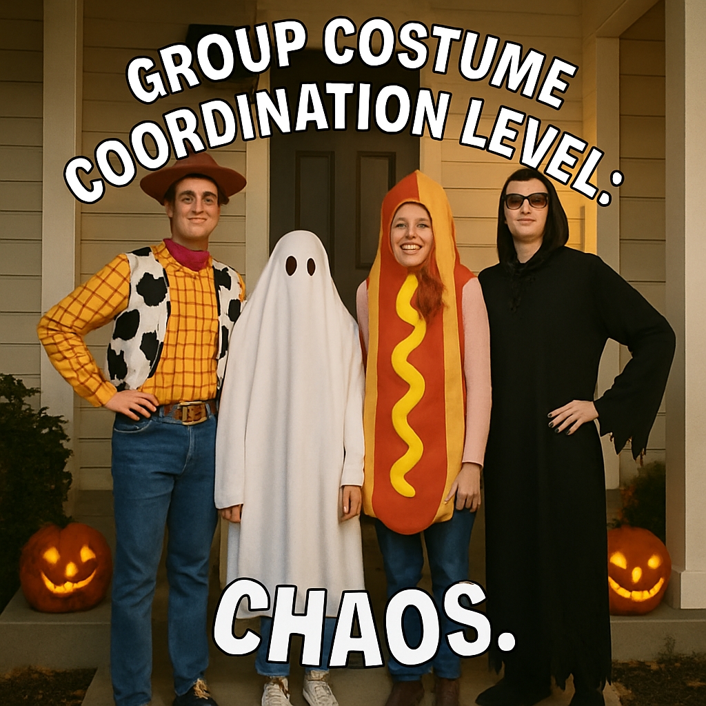 Halloween Group Costume Chaos with Colorful Characters Meme