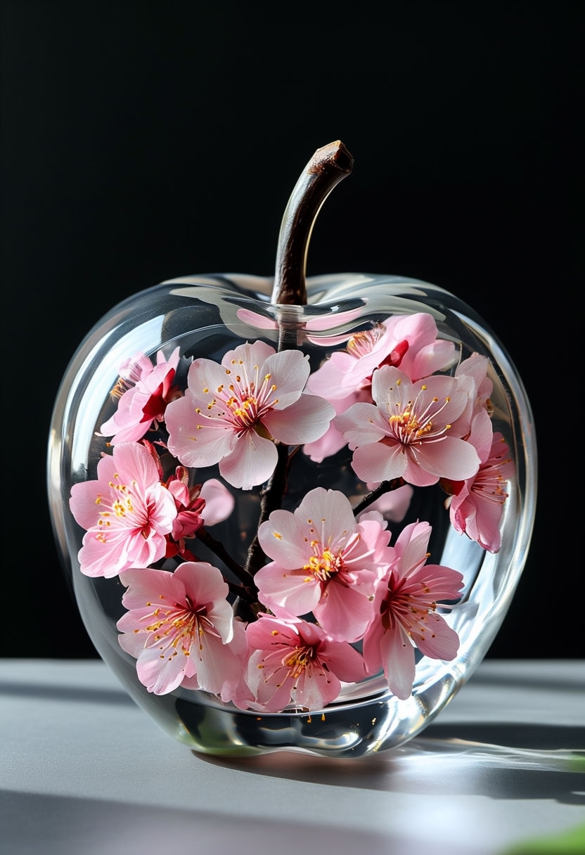 Elegant Cherry Blossom Glass Apple Container Art