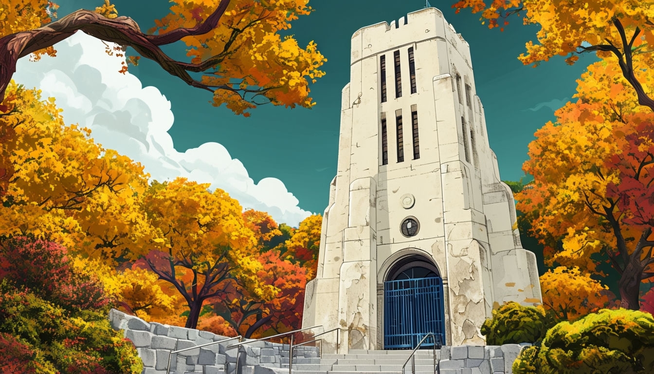 Autumn Scene with Stone Tower and Vibrant Foliage Virtual Background