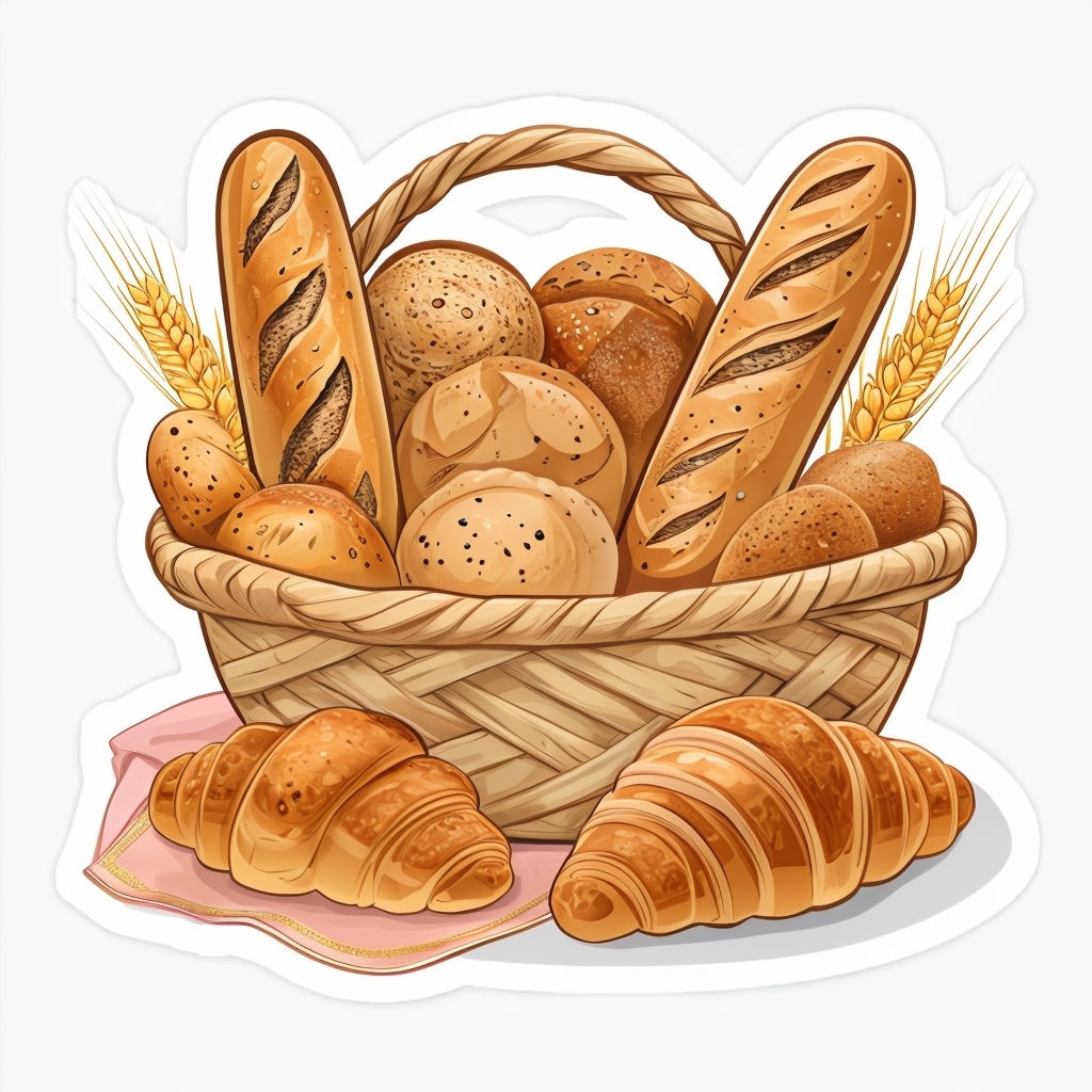 Stylized Cartoon Basket of Freshly Baked Bread Sticker