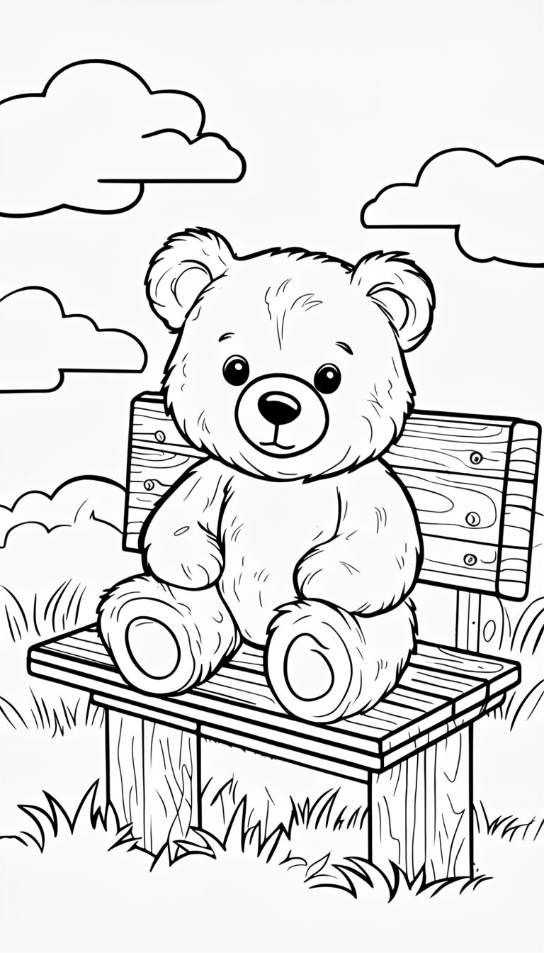 Adorable Teddy Bear on Bench Coloring Page for Kids