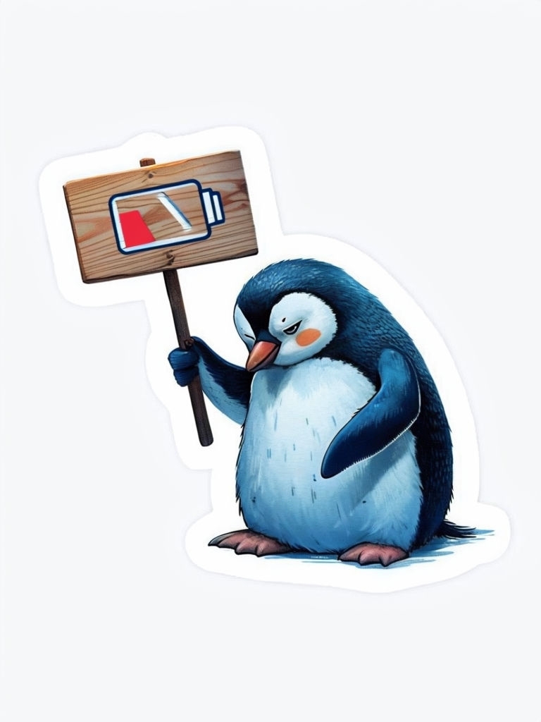 Tired Penguin with Low Battery Sign Cute Cartoon Sticker