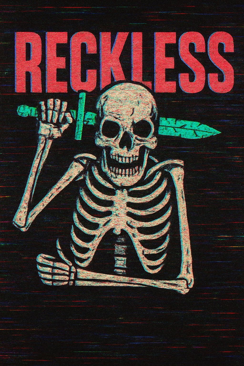 Aggressive Skeleton with Sword and RECKLESS Text Poster