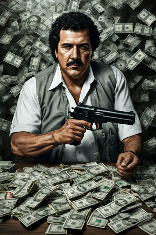 Draw a picture of Pablo Escobar carrying a gun surrounded by... by ...