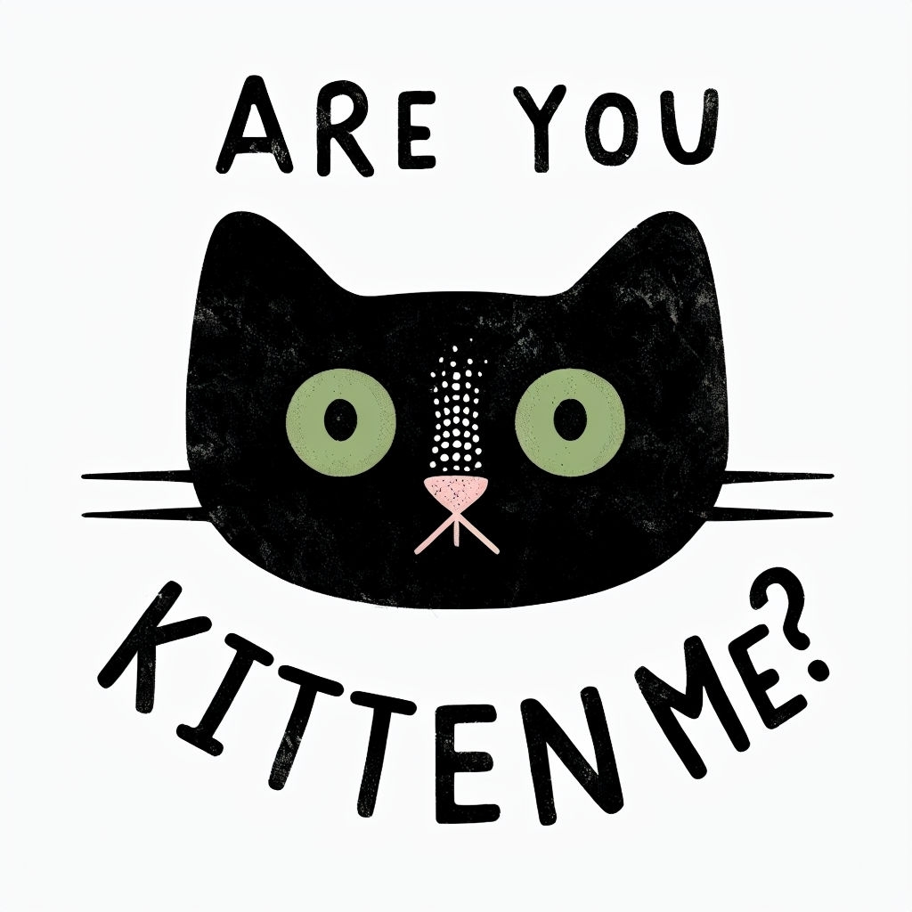 Playful Black Cat Face Illustration with Quirky Text Sticker