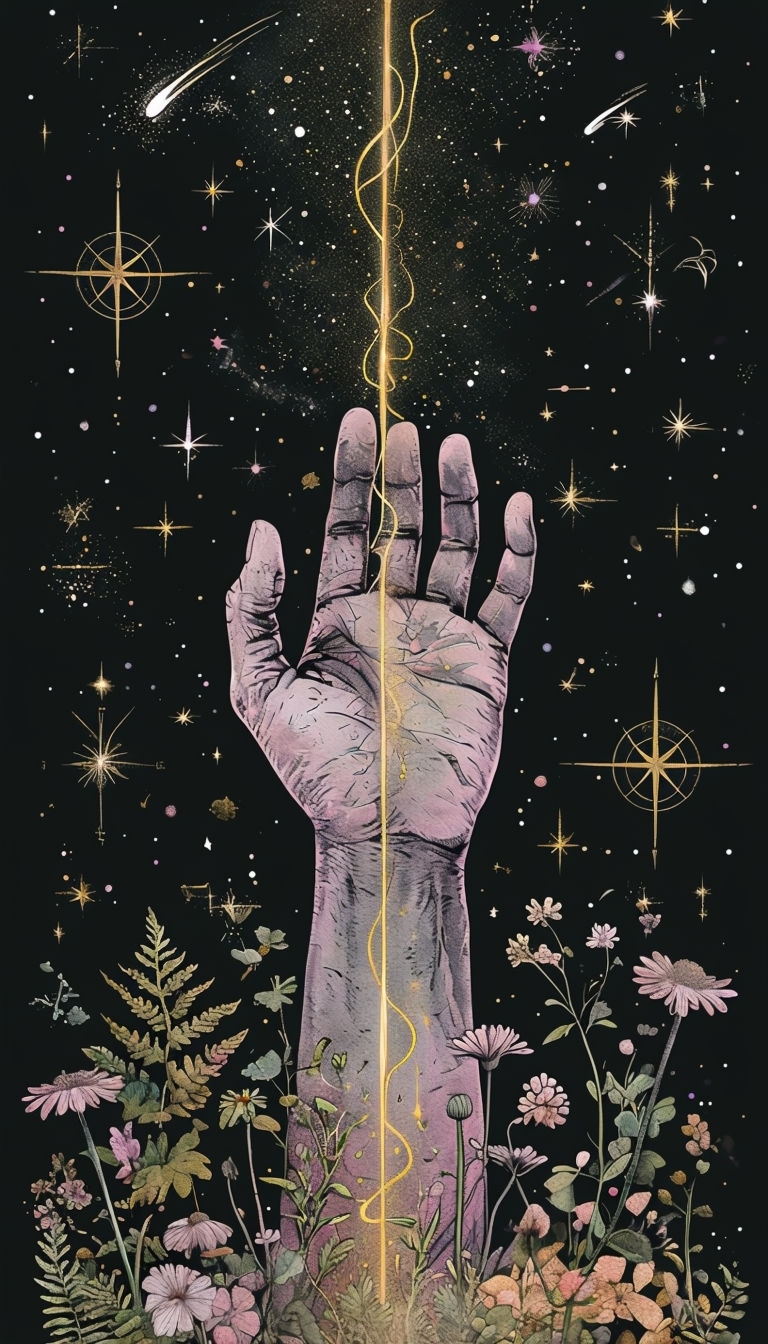 Mystical Hand Reaching Upward with Cosmic Floral Elements Mobile Wallpaper