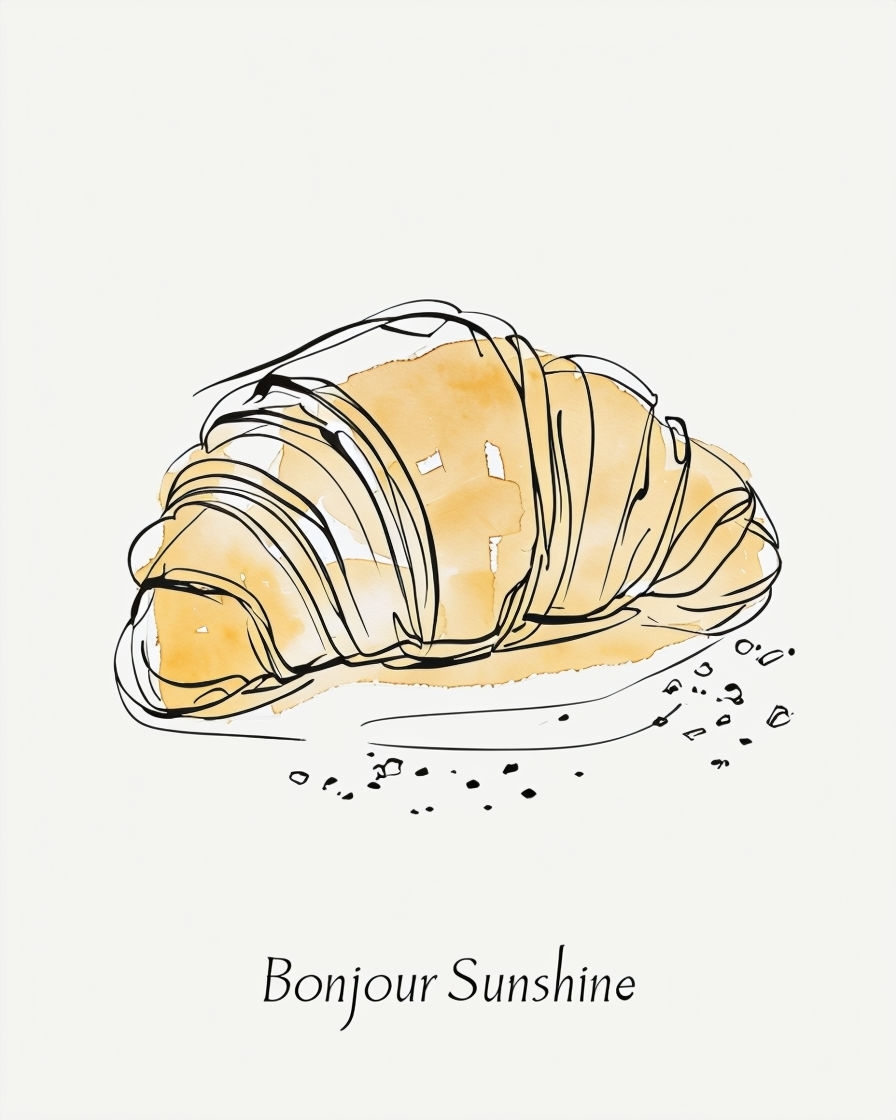 Minimalist Croissant Line Drawing with Bonjour Sunshine Poster