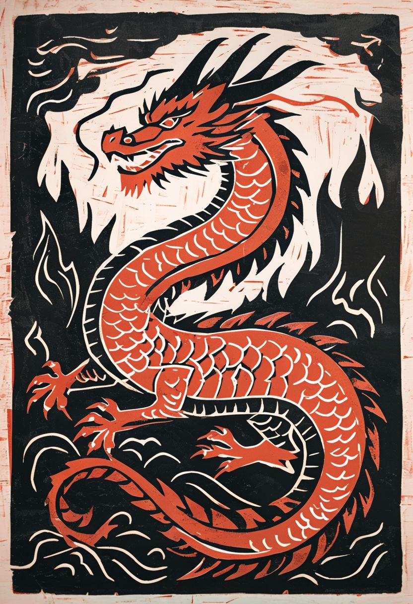 Majestic Red Dragon Linocut Style Illustration Art