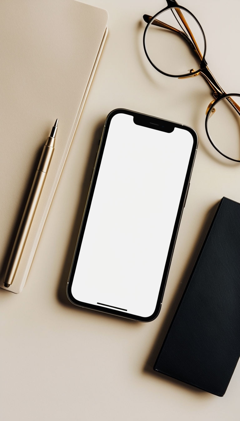 Minimalist Smartphone and Accessories Top-Down View Mockup