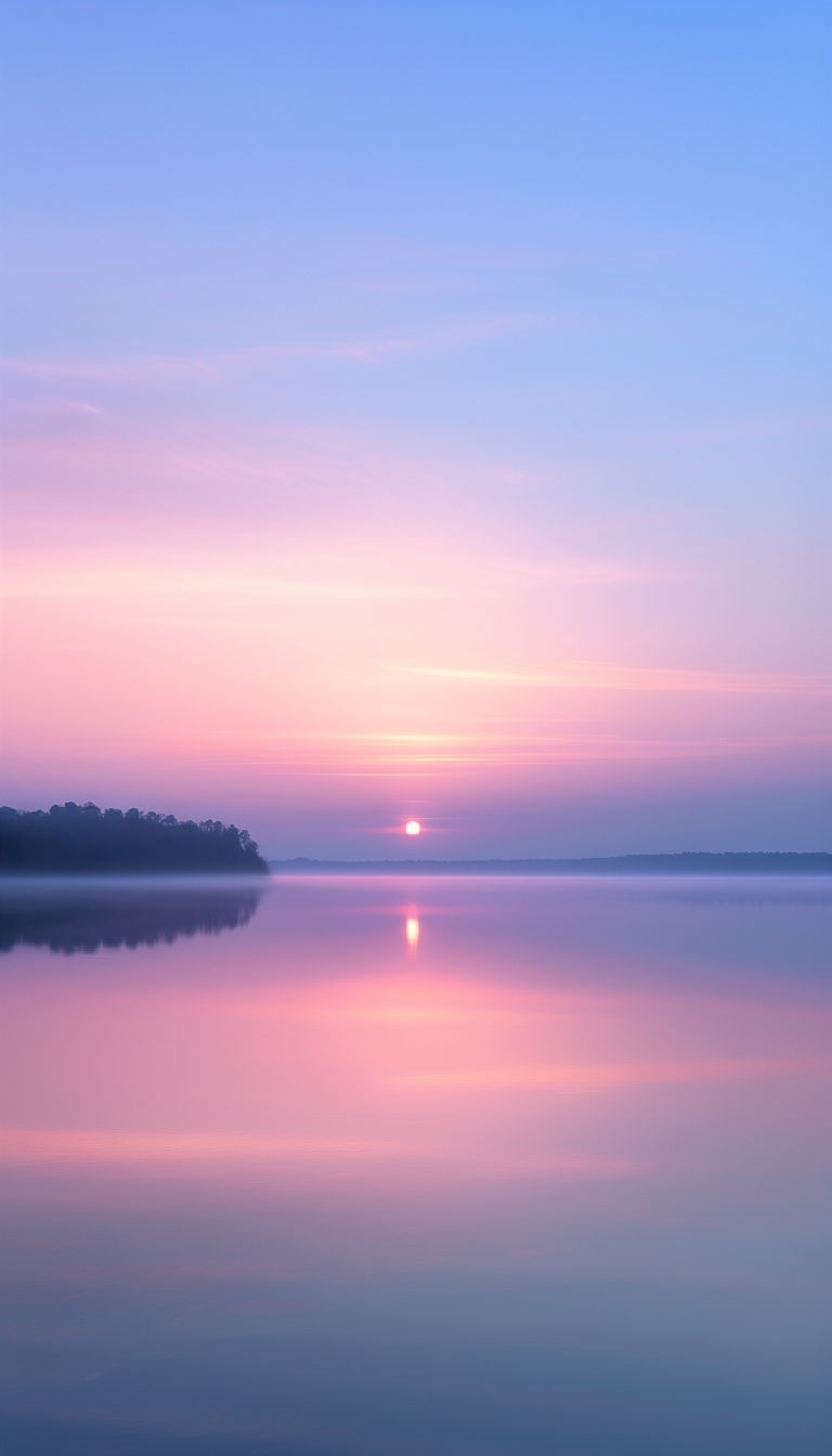 Serene Dawn Reflection Over Lake with Ethereal Colors Social Media Post