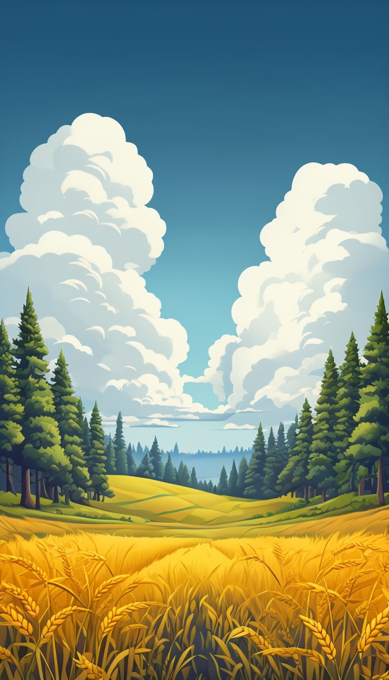 Serene Cartoon Countryside Landscape with Wheat and Trees Mobile Wallpaper