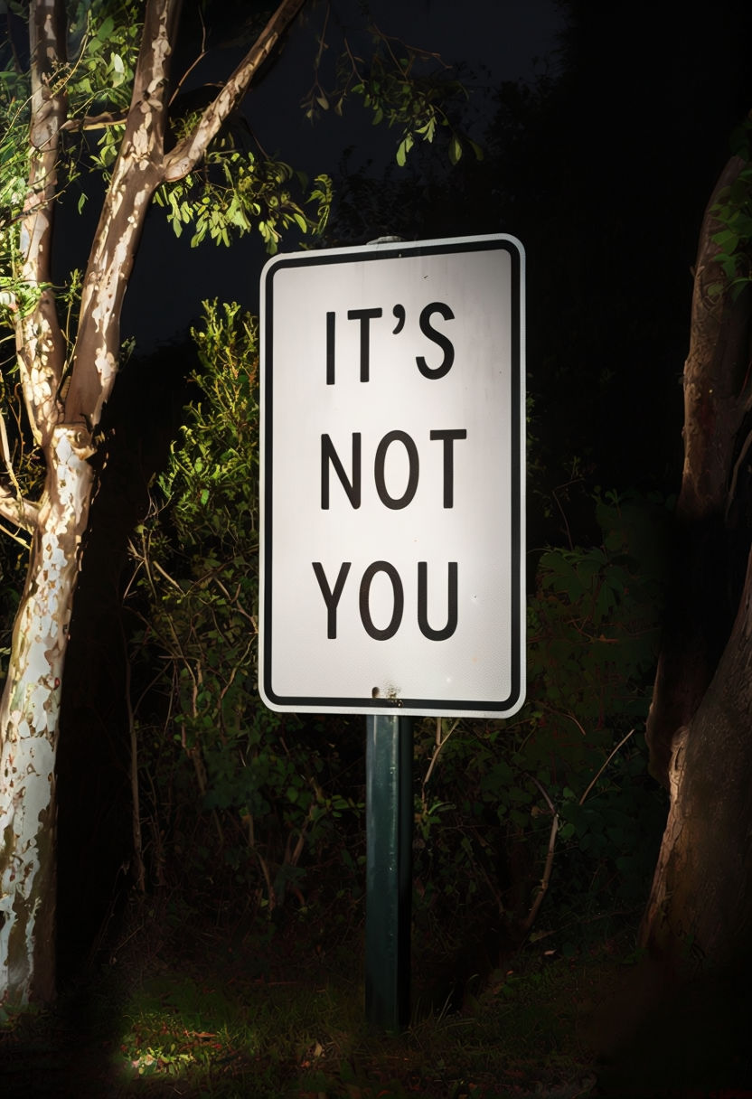 Mysterious Nighttime Traffic Sign Art Featuring 'It's Not You' Message