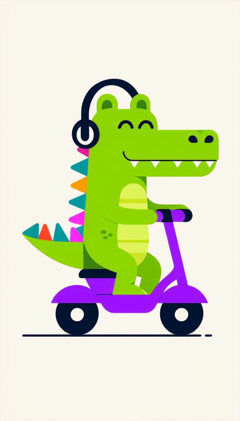 Playful Green Crocodile Riding Purple Scooter Cartoon Mobile Wallpaper