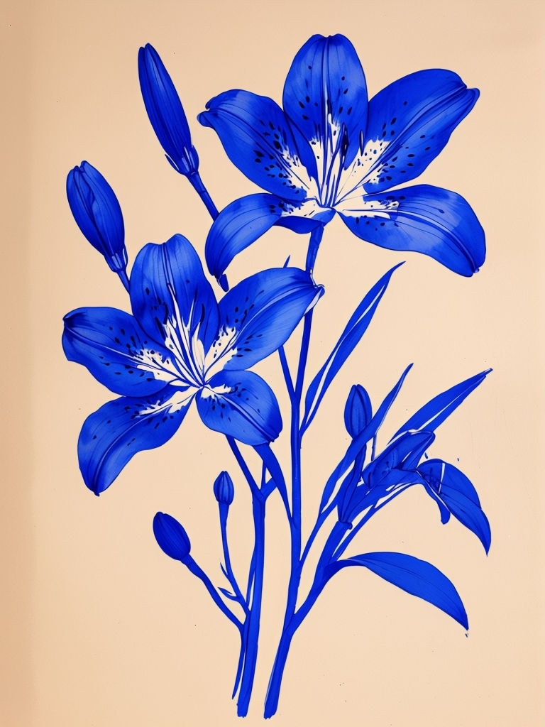 Vibrant Royal Blue Lily Botanical Illustration Art