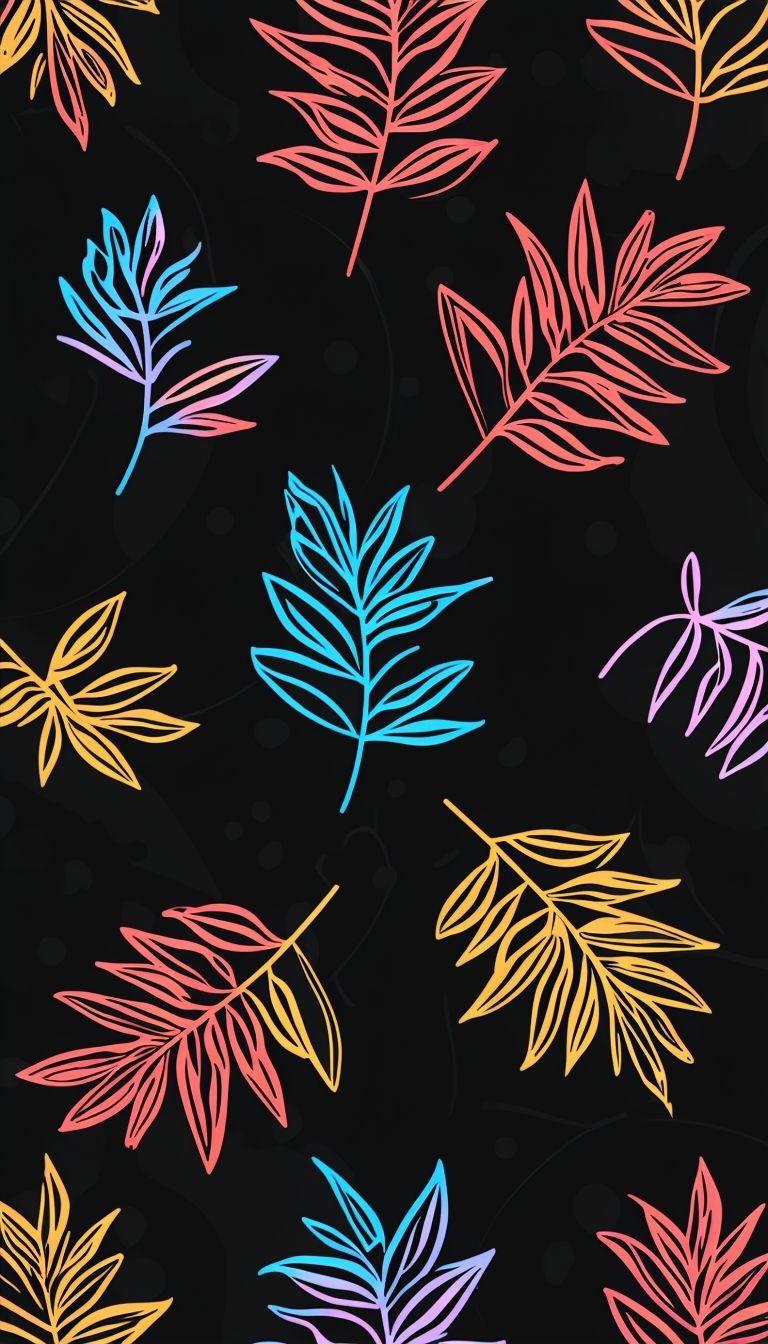 Vibrant Neon Leaf Pattern Illustration on Black Background Mobile Wallpaper