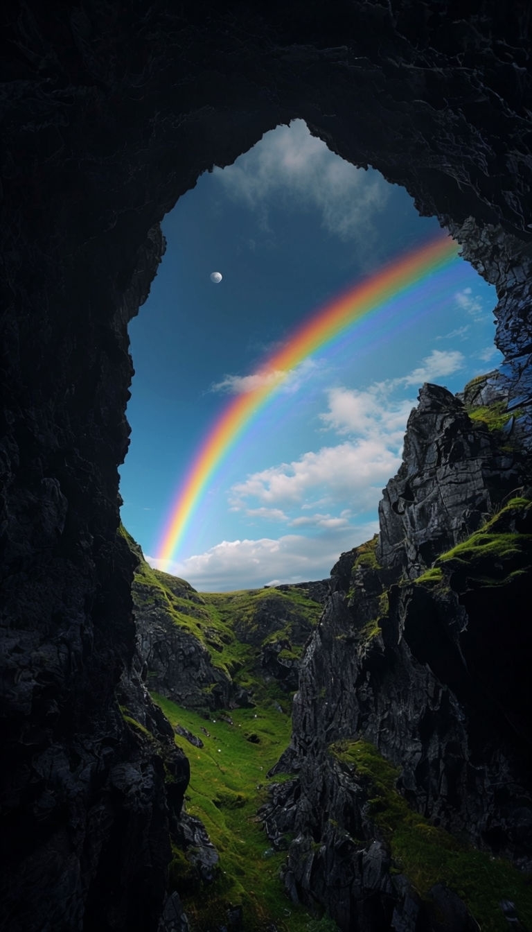 Vibrant Rainbow Framed by Dark Cave Landscape Mobile Wallpaper