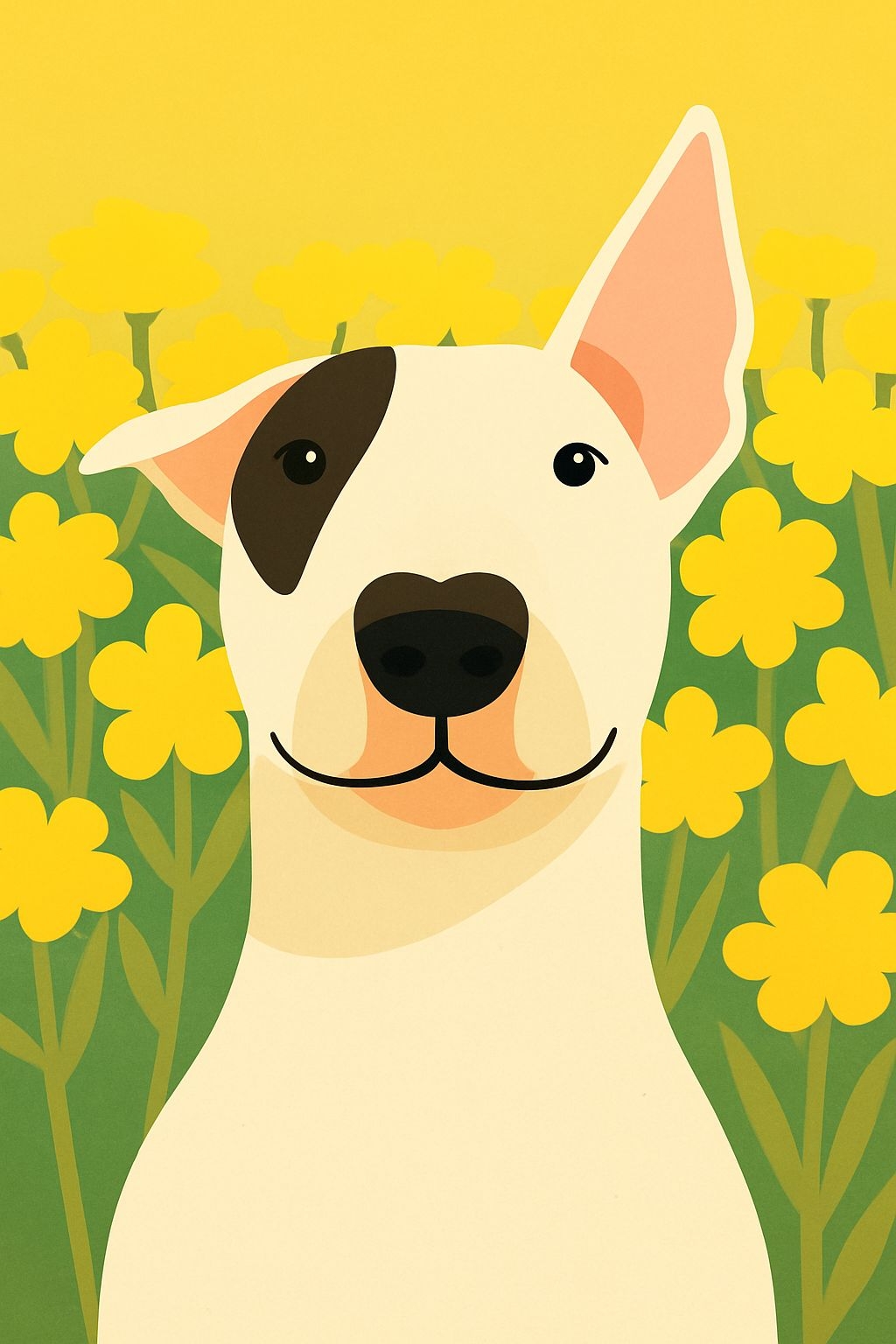 Minimalist White Bull Terrier with Yellow Flowers Illustration Art