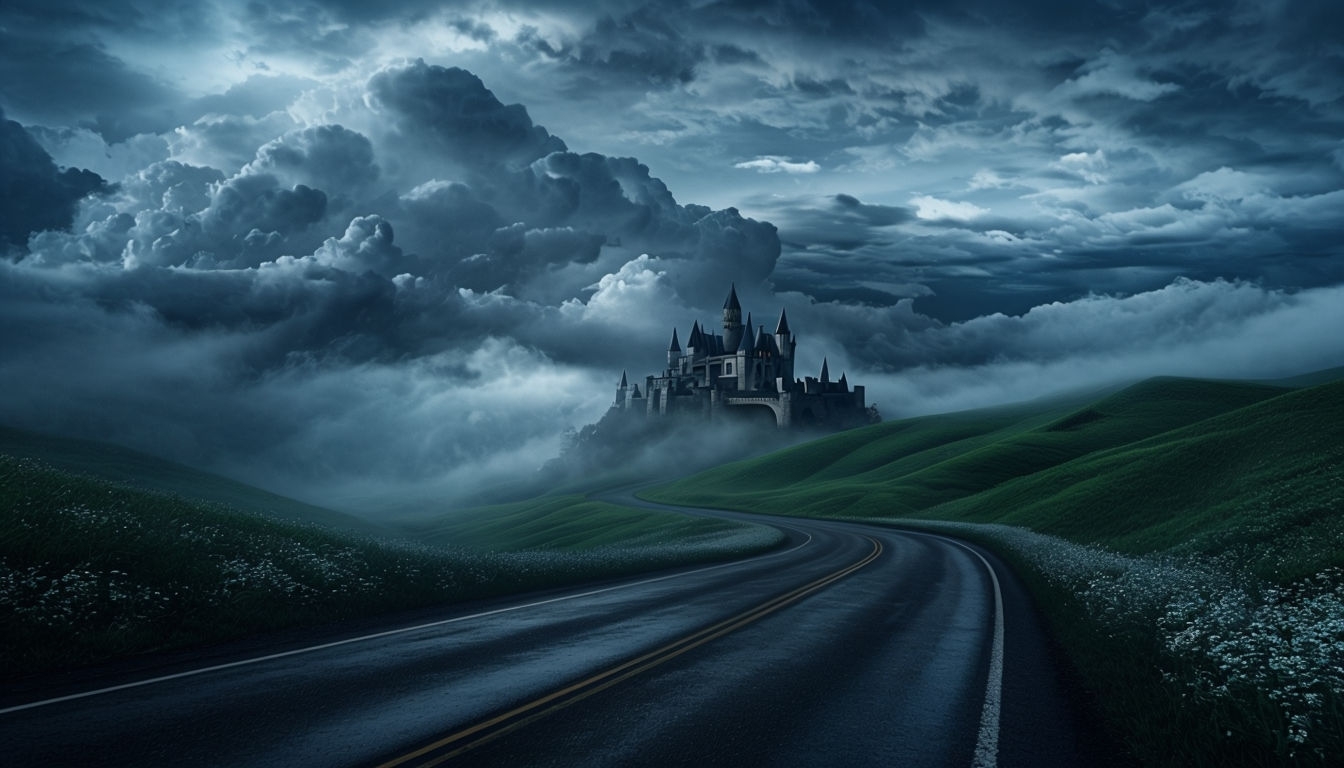Mystical Twilight Road to Enigmatic Castle Virtual Background
