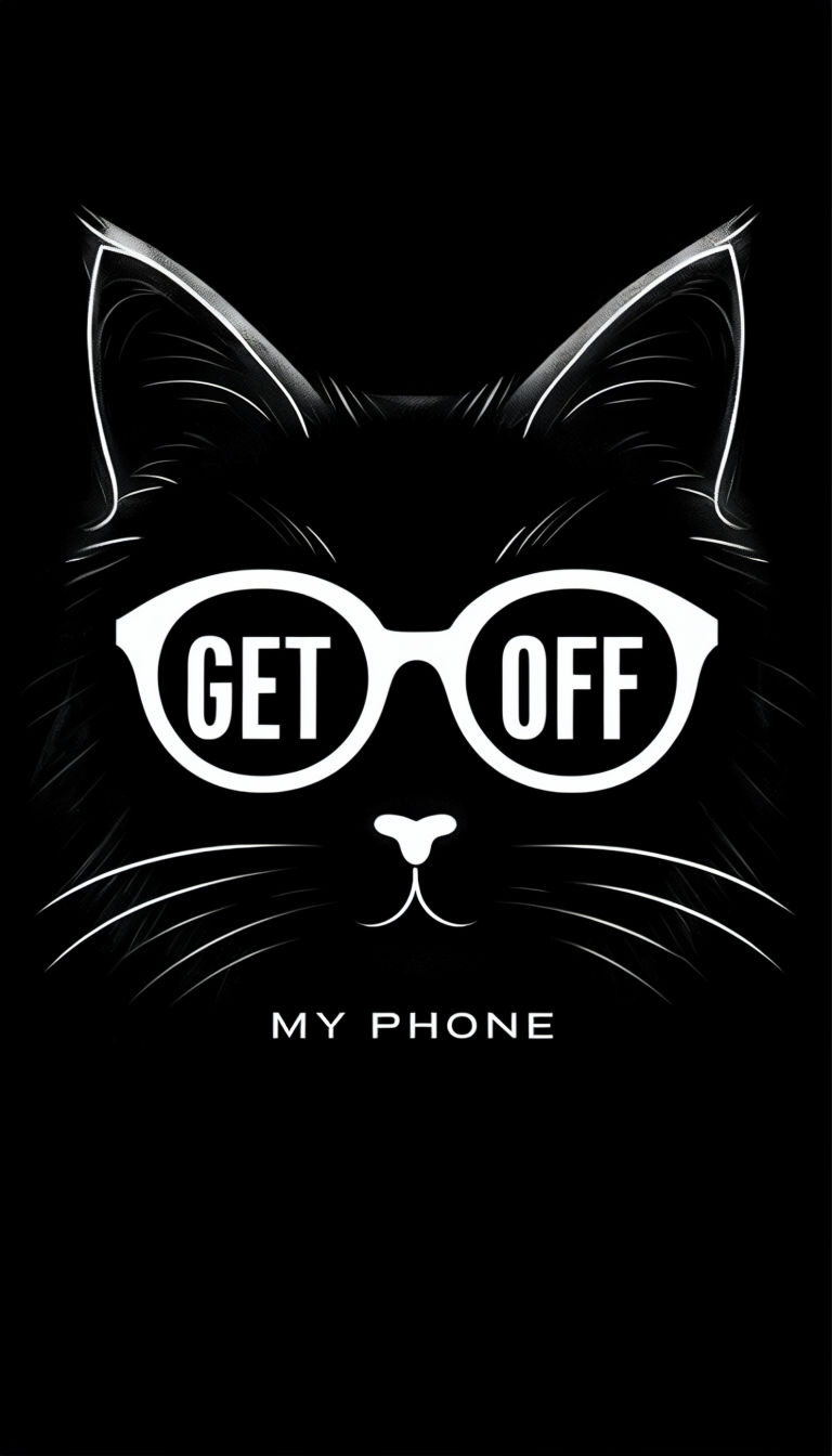 Stylish Black Cat with Glasses and Text for Mobile Wallpaper