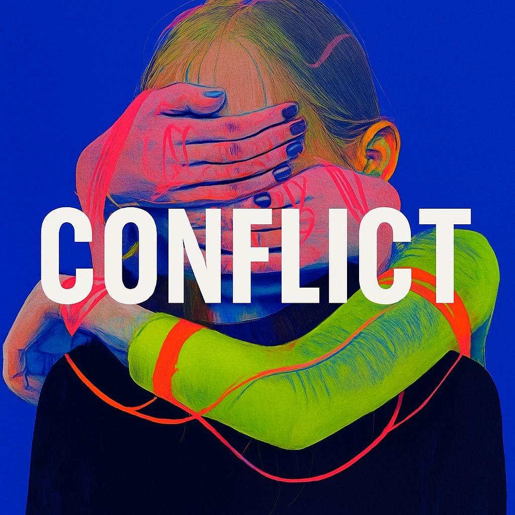 Vibrant Abstract Figure with Hands Covering Face Artwork Spotify Album Cover