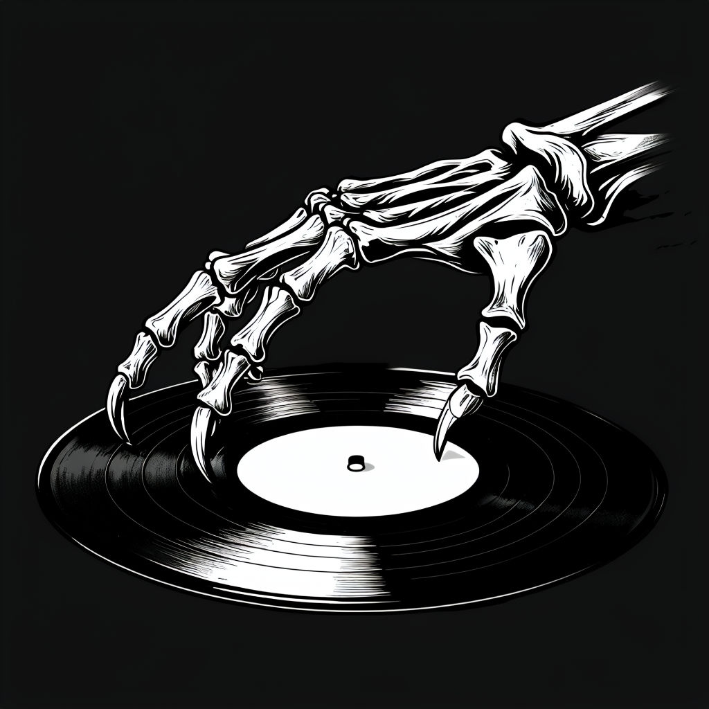 Eerie Black and White Skeletal Hand with Vinyl Record T-Shirt