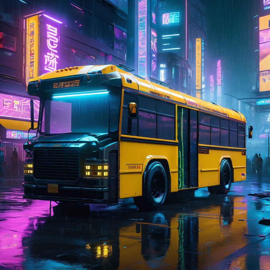 Cyberpunk school bus glows with neon lights under a dystopia... by ...