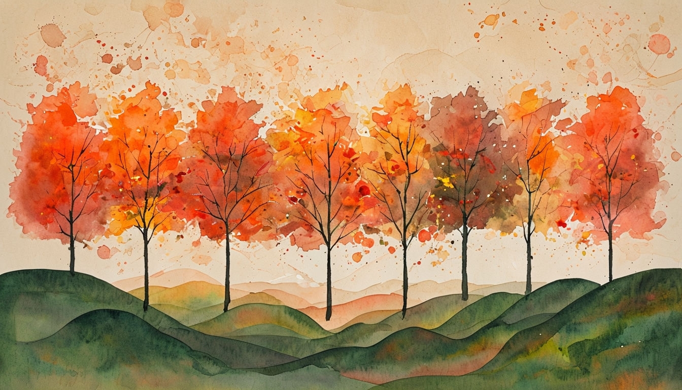 Vibrant Autumn Landscape Watercolor Painting with Trees Art