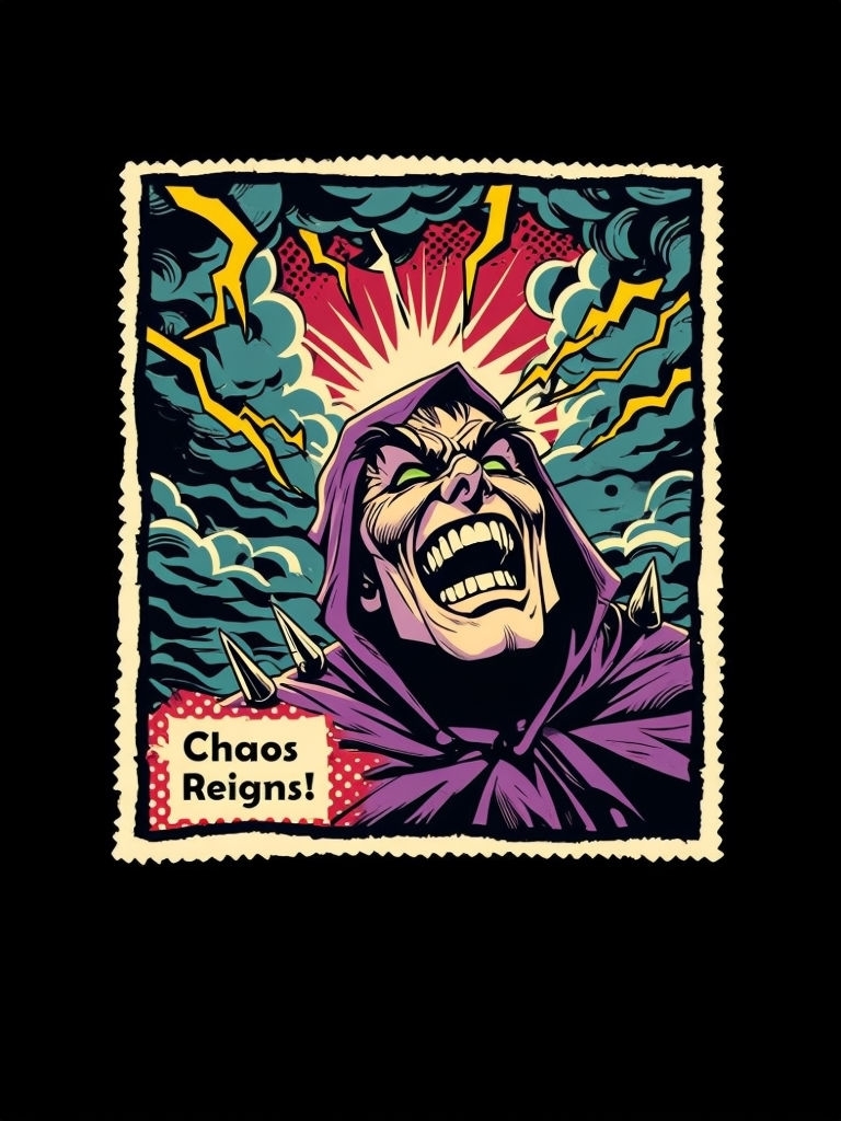 Menacing Comic Book Villain with Stormy Background T-Shirt