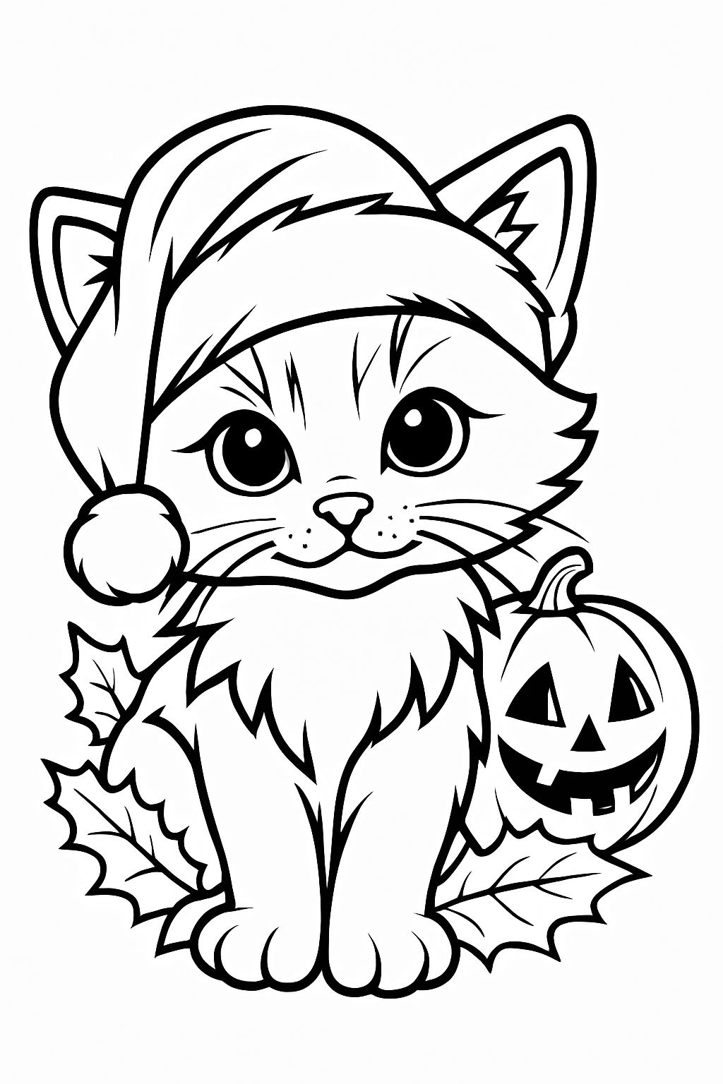 Cute Kitten in Santa Hat with Jack-o'-Lantern Coloring Page