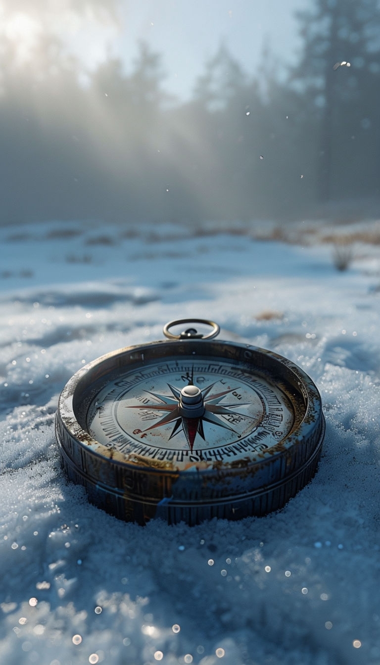 Weathered Compass on Snowy Ground with Sunlight Mobile Wallpaper