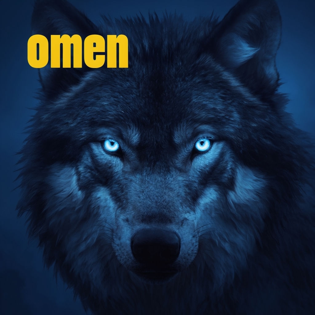 Intense Wolf Face with Luminous Eyes and Omen Text Artwork for Spotify Album Cover