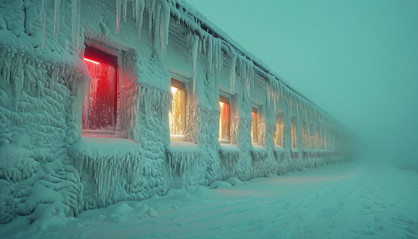 Icy Mystique: Snow-Covered Structure with Colorful Lights Background