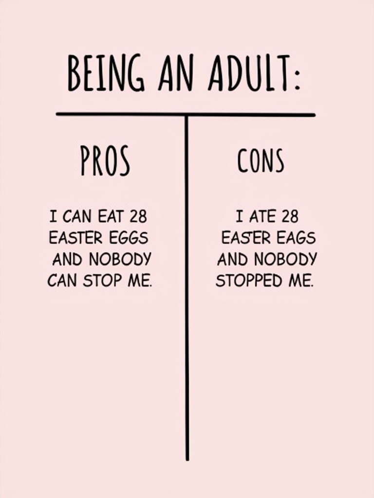 Humorous Comic Illustration on Being an Adult with Pros and Cons Card
