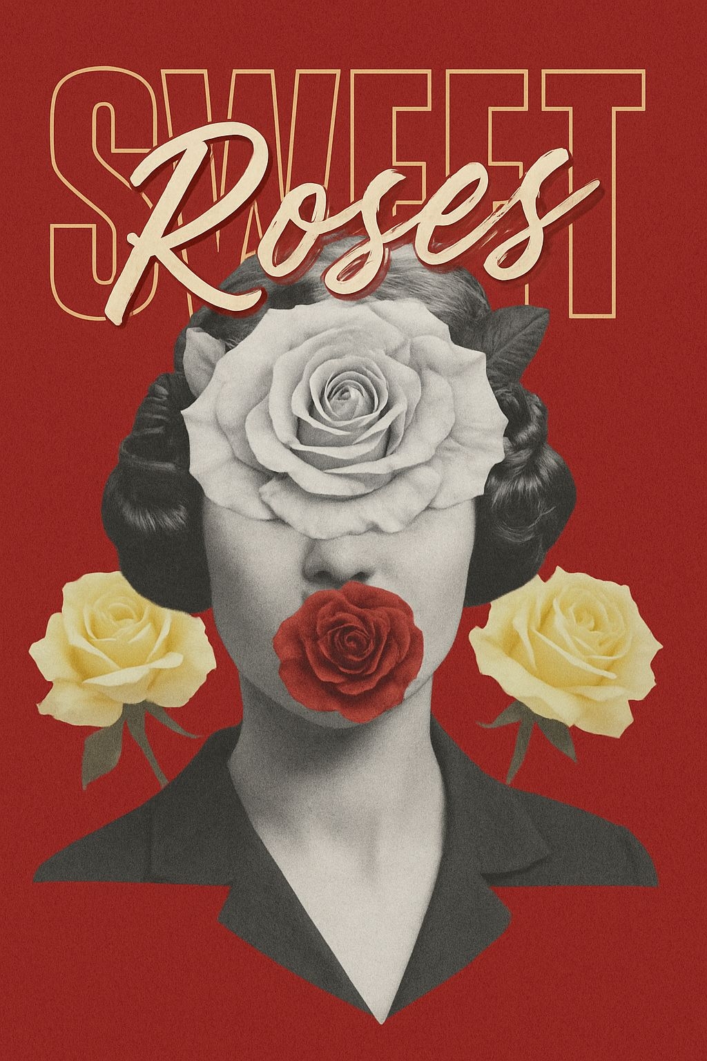 Surreal Grayscale Portrait with Roses and Text T-Shirt