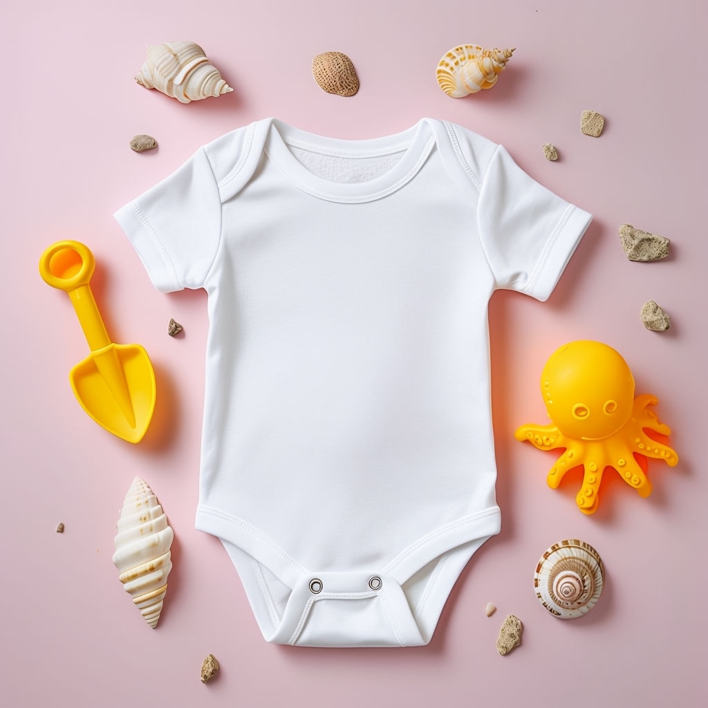 White Baby Onesie with Beach Toys Top-Down Mockup